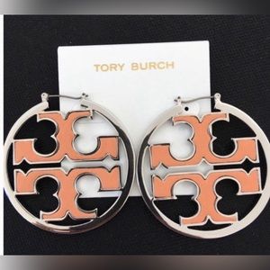 Tory Burch large Miller pink inlay leather Logo Hoop earrings